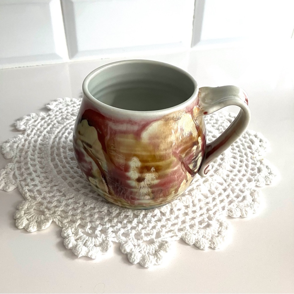 Coffee Mug Studio Pottery signed Joseph Panacci enameled finish pink beige cream